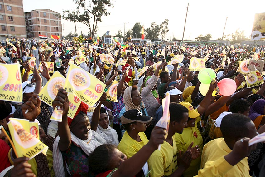 People take part in an Ethiopian People’s Revolutionary Democratic Front (EPRDF) election rally in Addis Ababa on May 20, 2015.