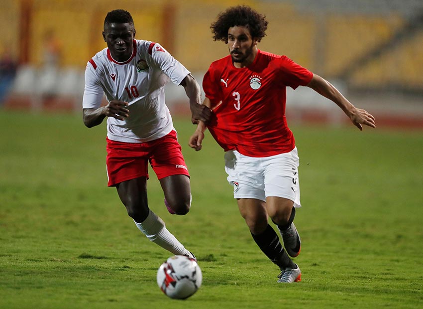 Egypt's Abdallah Gomaa in action with Kenya's Eric Johana Omondi during the African Nations Cup 2021 Qualifier at Borg El Arab Stadium in Alexandria, Egypt on November 14, 2019.