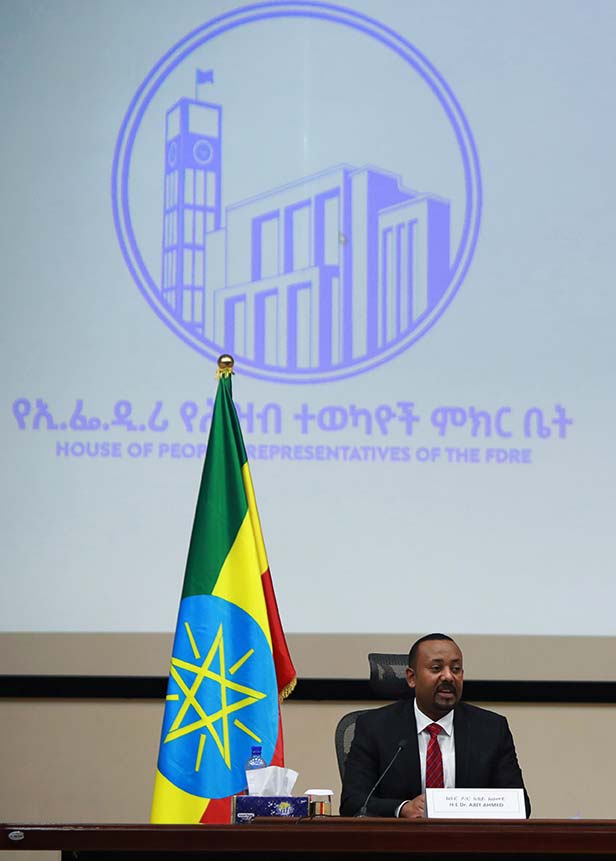 Ethiopia's Prime Minister Abiy Ahmed speaks during a question and answer session with lawmakers in Addis Ababa, Ethiopia on November 30, 2020.