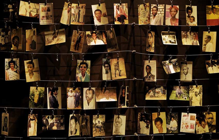 Family photographs of some of those who died hang on display in an exhibition at the Kigali Genocide Memorial center in the capital Kigali, Rwanda. A report commissioned by the Rwandan government concludes that the French government bears “significant” responsibility for “enabling a foreseeable genocide” that left more than 800,000 dead in 1994 and that that France “did nothing to stop” the massacres.