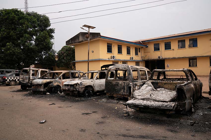 Burnt vehicles outside the Nigeria police force’s Imo state headquarters in Owerri, after gunmen set buildings ablaze in the April 5 attack.