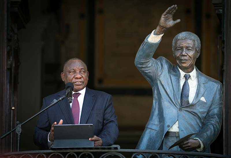 South Africa President Cyril Ramaphosa speaking in February from the Cape Town balcony where Nelson Mandela gave his first speech after his release from prison 30 years ago.