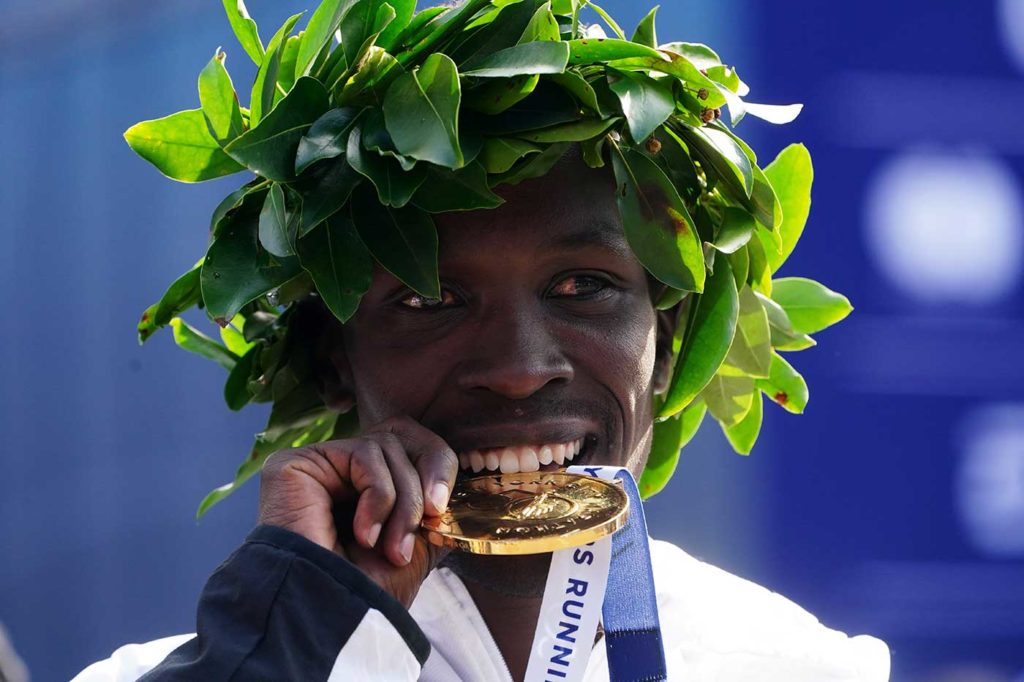 Kenya’s Albert Korir celebrates his victory, his first in a major marathon.