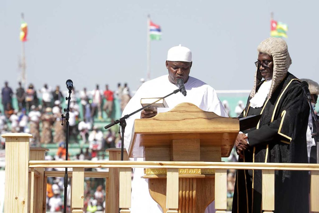 Gambia’s President Adama Barrow speaks during his inauguration ceremony in Banjul on January 19.