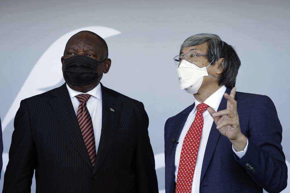 South African President Cyril Ramaphosa, left, and Dr. Patrick Soon-Shiong, founder of the NantWorks biotechnology company, at the opening of NantSA, the future vaccine manufacturing campus in Cape Town on Jan. 19.