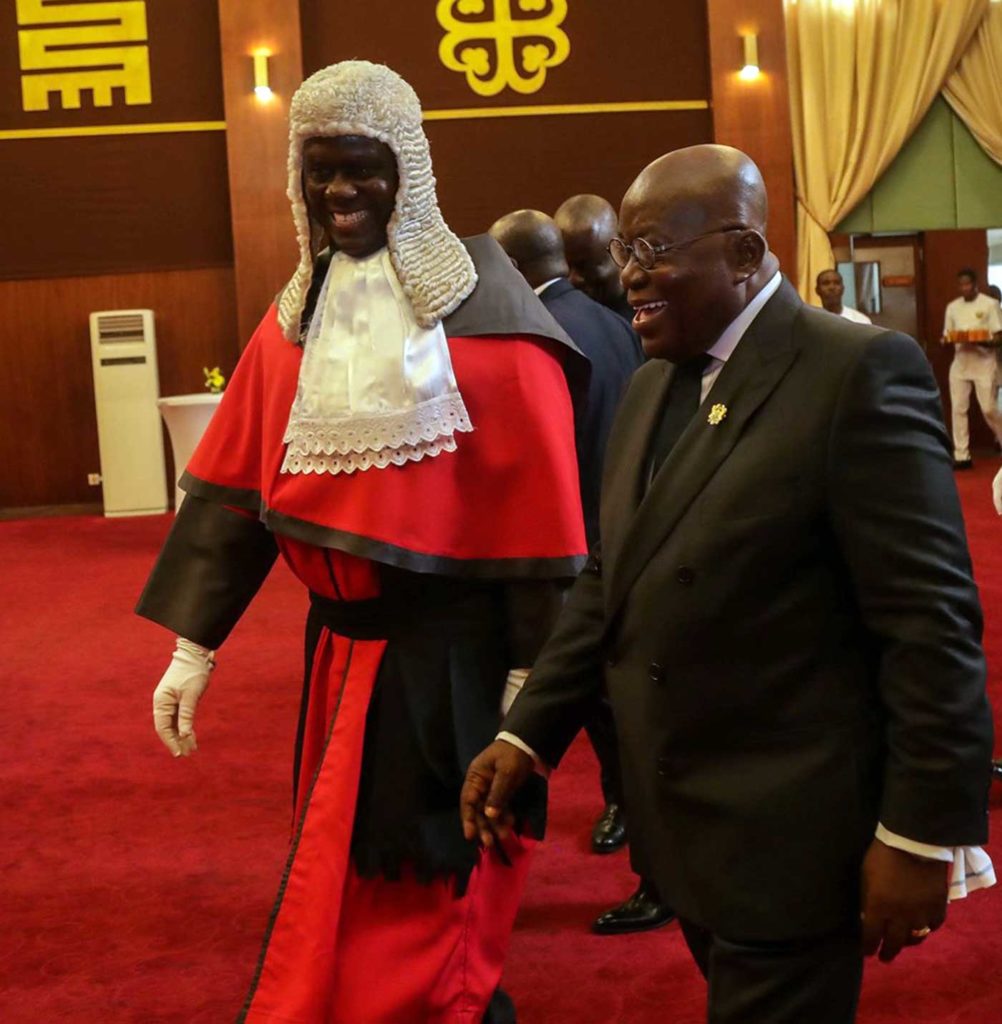 The President’s man: Chief Justice Anin-Yeboah (left) in a jovial mood with President Nana Akufo-Addo. Despite the bribery allegation against him, the Chief Justice has been useful to Akufo-Addo’s government and the ruling New Patriotic Party in many ways – so it is not likely that the President would let him resign or be forced out in disgrace. Some sources have in fact told Africawatch that the government was behind the schemes to protect Anin-Yeboah.