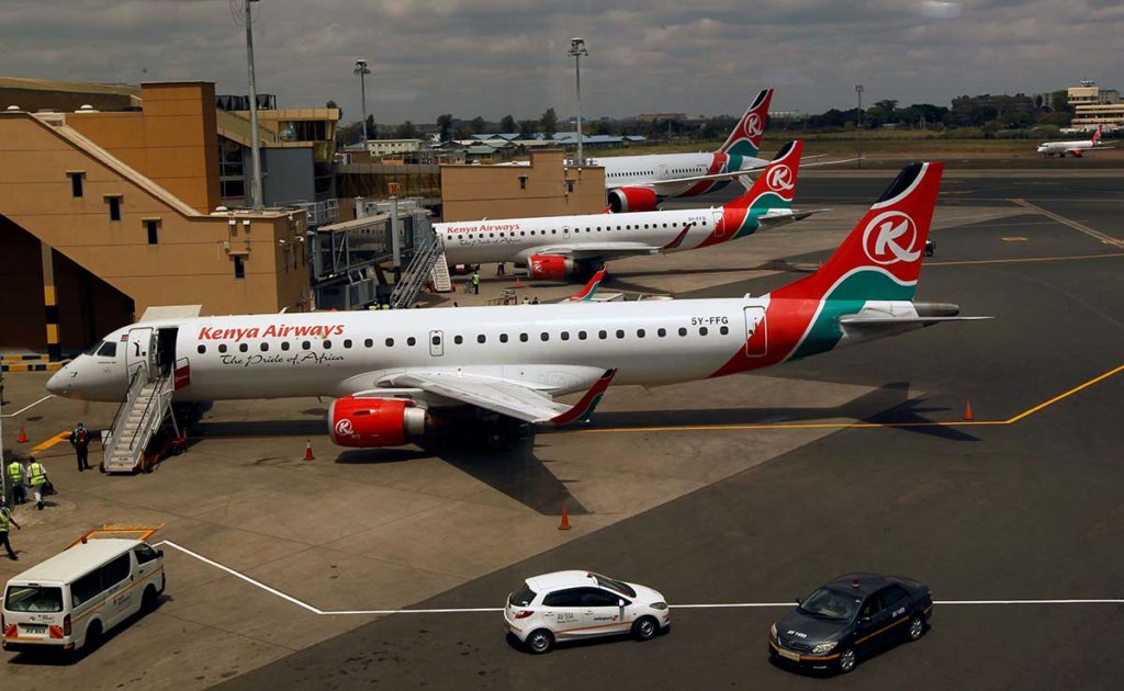 Kenya Airways planes at Jomo Kenyatta International Airport in Nairobi. Kenya Airways carried more than 5 million passengers in the year before the COVID pandemic, but it may have to merge with another East African carrier to be financially sustainable.