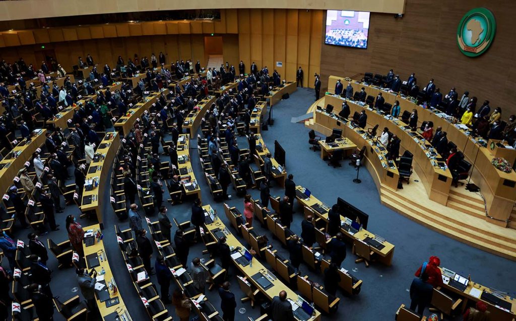 Heads of states and delegates stand for the African Union anthem during the 35th ordinary session of the Assembly of the African Union at the African Union Commission (AUC) headquarters in Addis Ababa, Ethiopia on February 5, 2022.