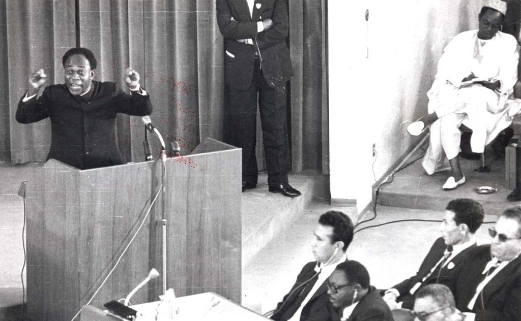 Nkrumah delivering his powerful speech in front of 31 other African heads of state at the founding of the Organization of African Unity in the Ethiopian capital, Addis Ababa, on May 24, 1963. “We must unite in order to achieve the full liberation of our continent,” he declared. “Is it not unity alone that can weld us into an effective force, capable of creating our own progress?”