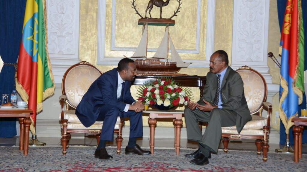 Ethiopian Prime Minister Abiy Ahmed, left, meets with Eritrea President Isaias Afwerki. The two countries have a complex history marked by frequent conflict, and with their recent alliance against the Tigray rebels fractured into threats and accusations, renewed fighting could spill over to the entire Horn of Africa region. 
