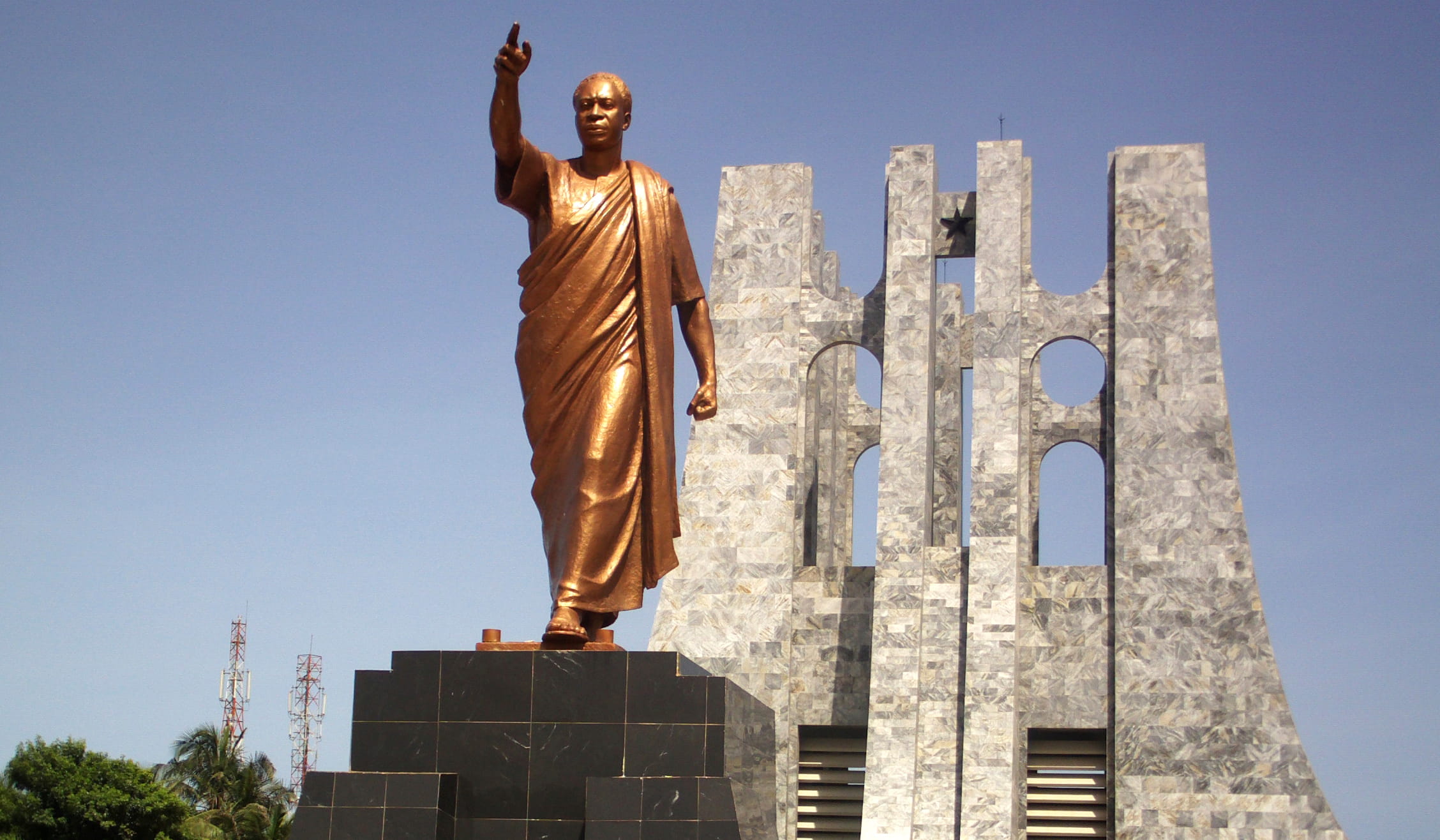 A bronze statue of Dr. Kwame Nkrumah stands at Kwame Nkrumah Memorial Park in downtown Accra, in the plaza where he declared Ghana's independence in March 1957. He had ambitious plans to industrialize Ghana and make it economically self-sufficient, but was thwarted by a U.S.-sponsored military coup in 1966.