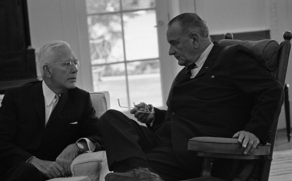 CIA Director John McCone and President Lyndon B. Johnson in the White House Oval Office on August 19, 1965. Declassified CIA documents say the topic for one of their meetings that year was “Coup d’état in Ghana.”