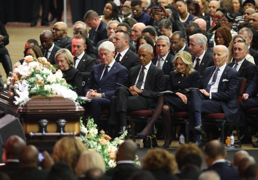 A generation’s worth of Democratic presidential candidates listens to a sermon during the Rev. Jesse Jackson’s memorial service in Chicago on March 6. From left: former Vice President Kamala Harris (2024, behind flowers); former Secretary of State Hillary Rodham Clinton (2016); former President Bill Clinton (1992, 1996); former President Barack Obama (2008, 2012); former First Lady Jill Biden; and former President Joe Biden (2020).