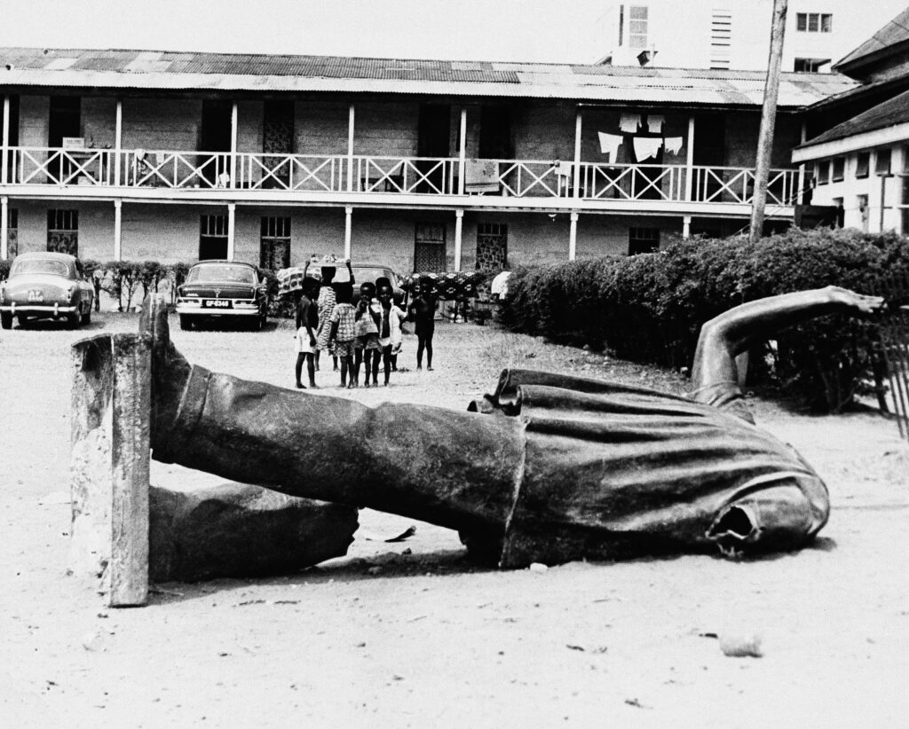 A statue of Dr. Kwame Nkrumah destroyed in Accra after his ouster in 1966. He died in exile in Romania six years later.