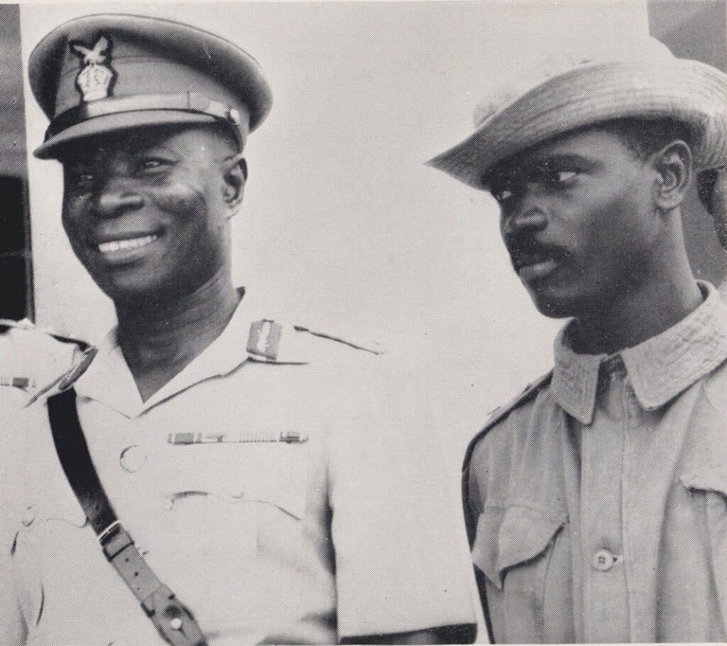 Lieutenant generals Emmanuel Kwasi Kotoka, left, and Akwasi Amankwaa Afrifa, right, two of the National Liberation Council military government’s eight leaders. 