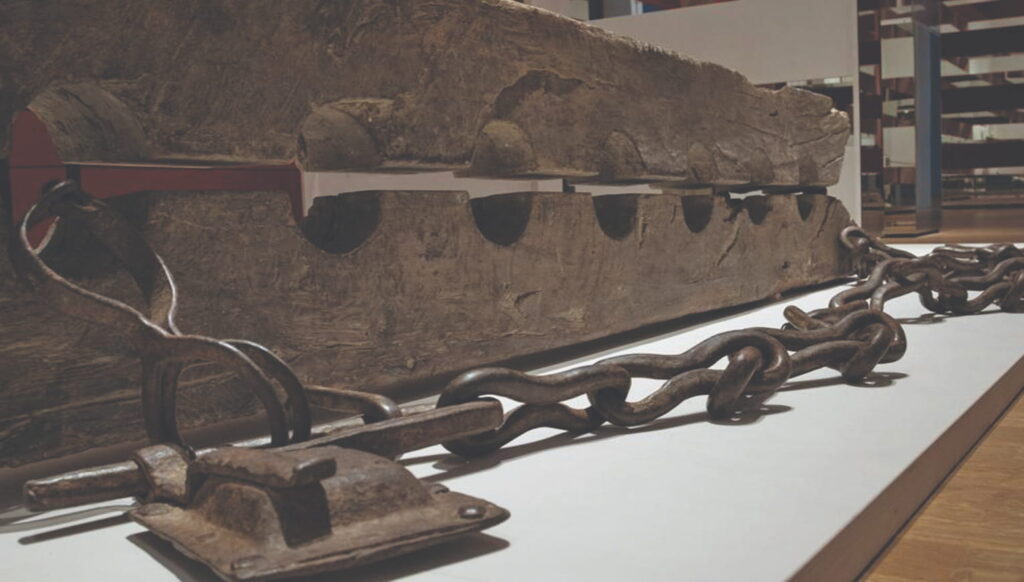 Life-size sculptures of enslaved Africans are part of a 70-foot replica of a slave ship featured in “And Still We Rise,” the core exhibit at the Detroit Museum of African American History, now known as The Wright. The slave ship is a silent commemoration of Africans who lost their lives crammed into slave ships on the transatlantic voyage known as the Middle Passage.