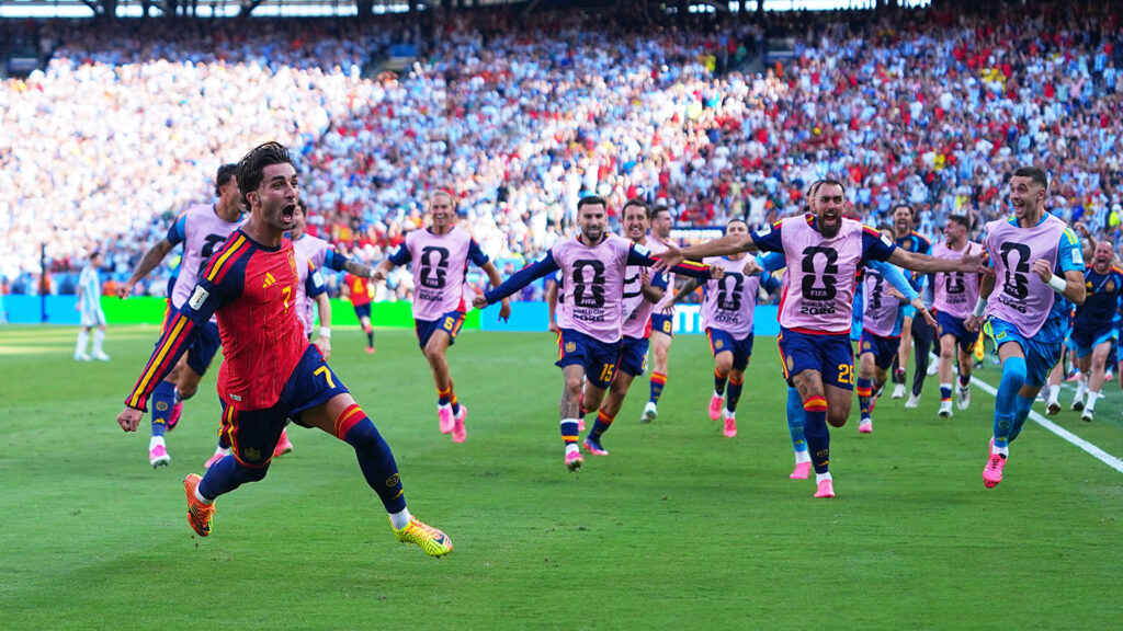 Spain's Ferran Torres (7) celebrates scoring their first goal during the World Cup final soccer match between Spain and Argentina on Sunday, July 19, 2026.