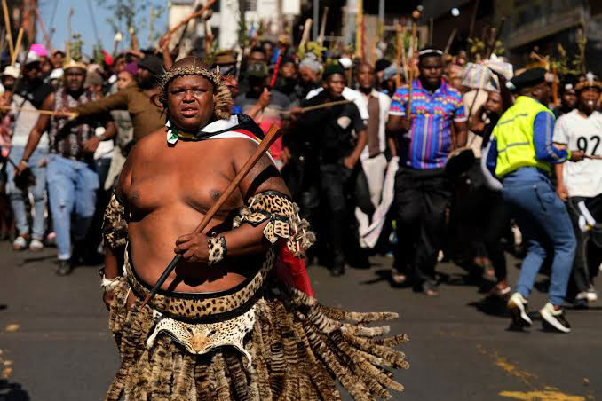 A protester dressed traditional attire march against illegal immigration, in Johannesburg, South Africa on June 30, 2026.