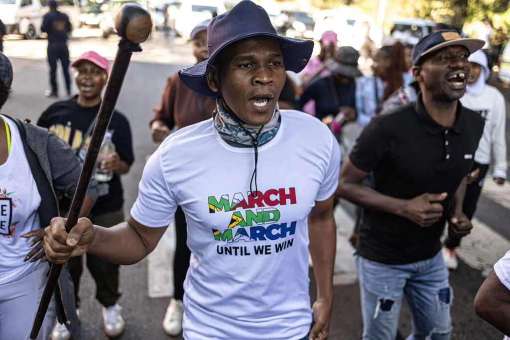 Members of the South African anti-immigrant group March and March protest in Durban on March 25. Several immigrants, including five from Mozambique, have been reported murdered in “xenophobic attacks” this year.