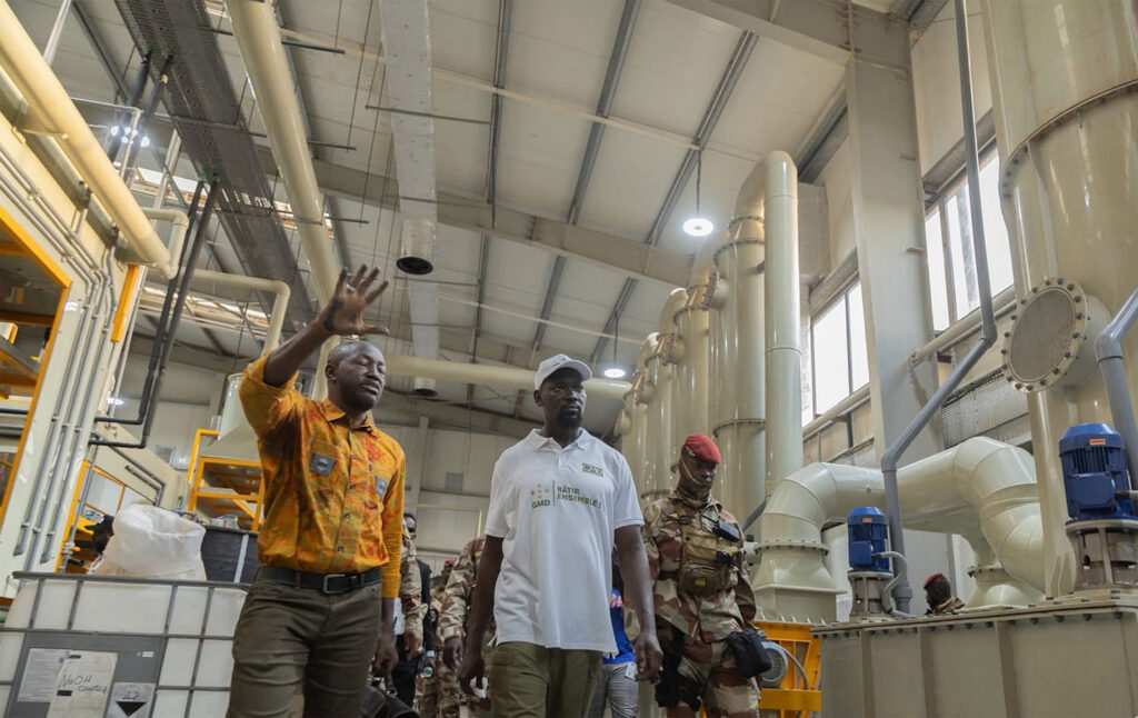 Guinea President Mamady Doumbouya tours the Nimba Gold Refinery. The refinery will be able to process 17 million ounces of gold a year, more than seven times the country’s current annual production.
