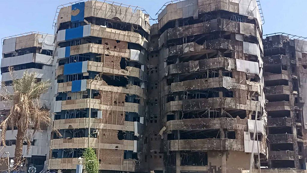 The Central Bank of Sudan building in Khartoum, also severely damaged before the Sudanese army recaptured it.