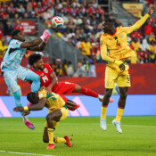 Ghana goalkeeper Lawrence Ati Zigi grabs for the ball as Panamanian midfielder Carlos Harvey (#14) battles through the Black Stars’ defense during the teams’ June 17 Group L match at Toronto Stadium in Canada. Ghana won 1-0, on a 95th-minute goal by midfielder Caleb Yirenkyi. Ghana goalkeeper Lawrence Ati Zigi grabs for the ball as Panamanian midfielder Carlos Harvey (#14) battles through the Black Stars’ defense during the teams’ June 17 Group L match at Toronto Stadium in Canada. Ghana won 1-0, on a 95th-minute goal by midfielder Caleb Yirenkyi.