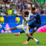 Saudi Arabia midfielder Mohammed Abu al-Shamat (26) puts out his foot to block a shot by Cape Verde midfielder Kevin Pina (6) during their Group H match in Houston, Texas on June 26. The 0-0 draw enabled Cape Verde to advance to the first knockout round – the smallest nation to do so in World Cup history. Saudi Arabia midfielder Mohammed Abu al-Shamat (26) puts out his foot to block a shot by Cape Verde midfielder Kevin Pina (6) during their Group H match in Houston, Texas on June 26. The 0-0 draw enabled Cape Verde to advance to the first knockout round – the smallest nation to do so in World Cup history.